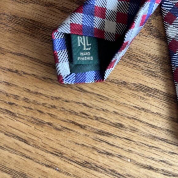 Lauren Ralph Lauren 57” Necktie 100% Silk Red Blue Cream Plaid Designer Tie - Picture 4 of 7
